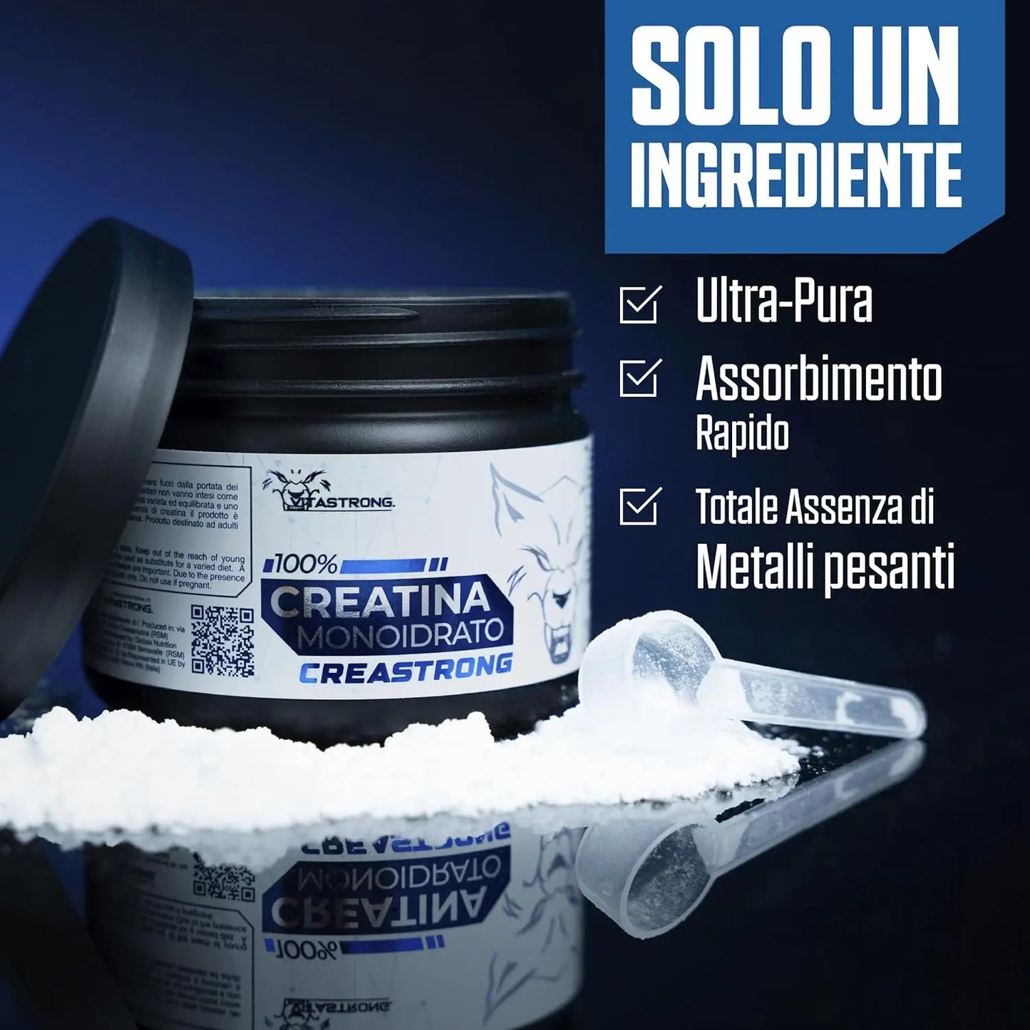Creatine Monohydrated Creatine 3000Mg Creastrong Pure, Creatine Powder without Additives for Pre, Intra, Post Workout, Alternative to Creatine Capsules and Tablets, Creatine Vitastrong 250G Soluble and Certified